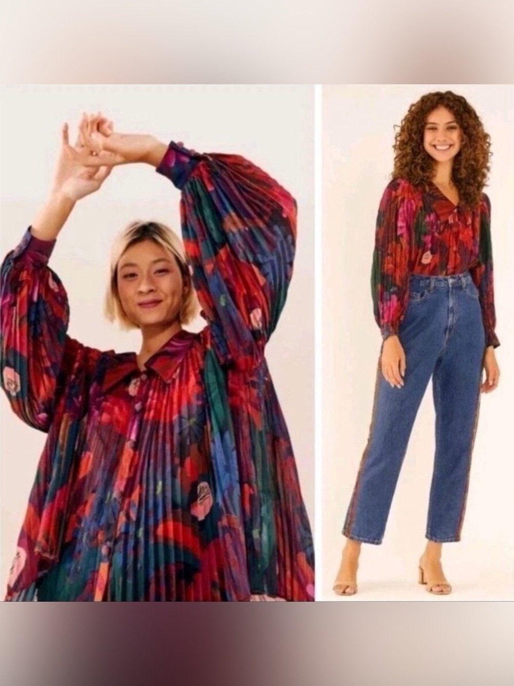 FARM Rio Multicolor Pleated Floral Button-Front Blouse
